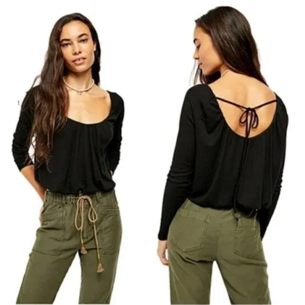 Free People Bondi Termal Long Sleeve Back Tie Top in Black‎ Size XSmall
